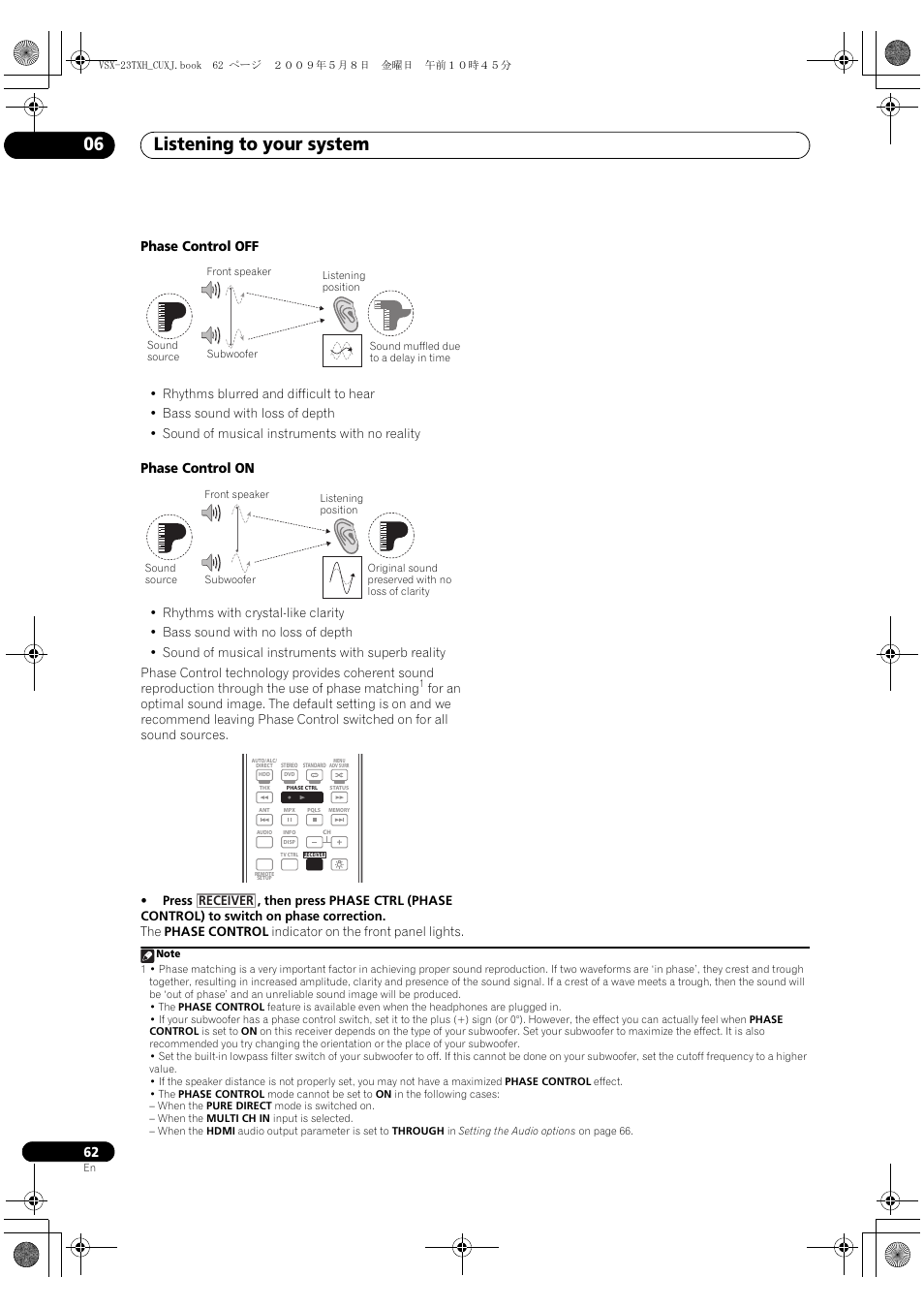 Listening to your system 06, Phase control off, Phase control on | Pioneer Elite VSX-23TXH User Manual | Page 62 / 123