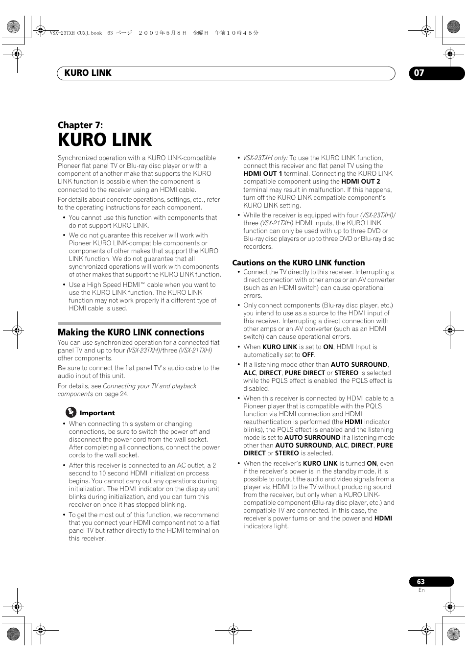 Kuro link, Making the kuro link connections, Cautions on the kuro link function | Kuro link 07, Chapter 7 | Pioneer Elite VSX-23TXH User Manual | Page 63 / 123