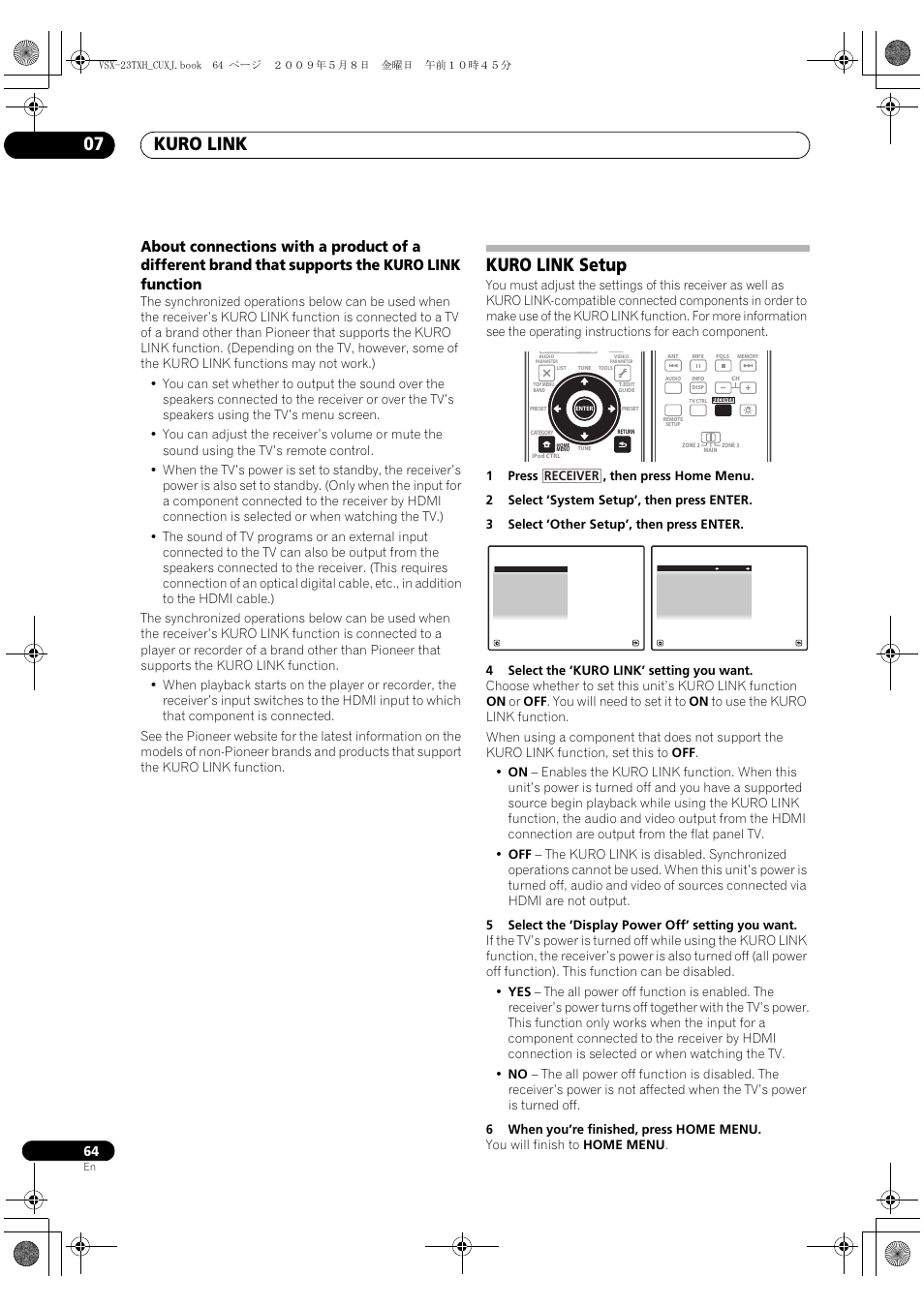 Kuro link setup, Kuro link 07, Receiver | Pioneer Elite VSX-23TXH User Manual | Page 64 / 123