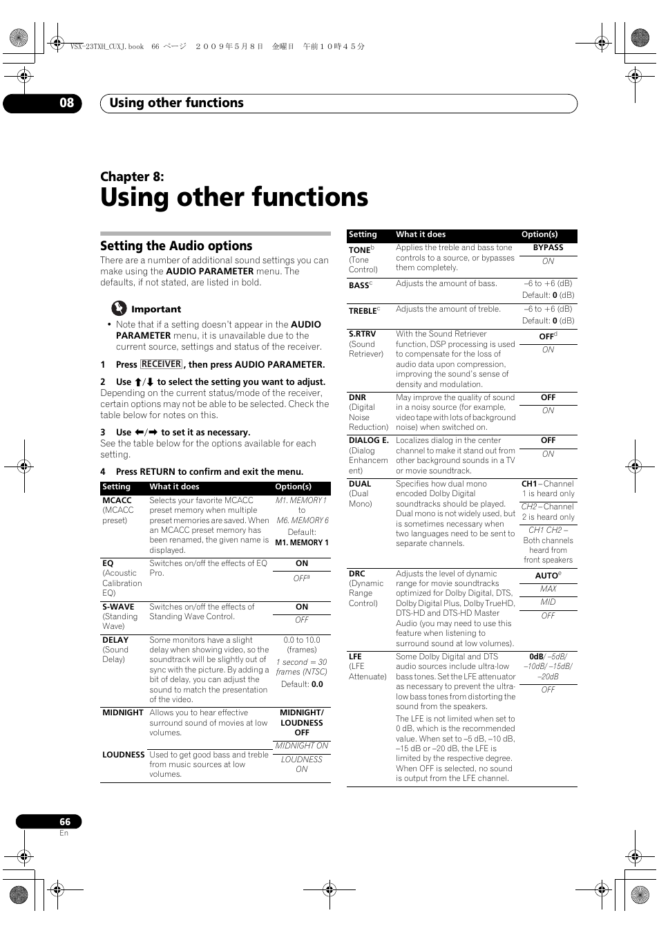 Using other functions, Setting the audio options, Using other functions 08 | Chapter 8 | Pioneer Elite VSX-23TXH User Manual | Page 66 / 123
