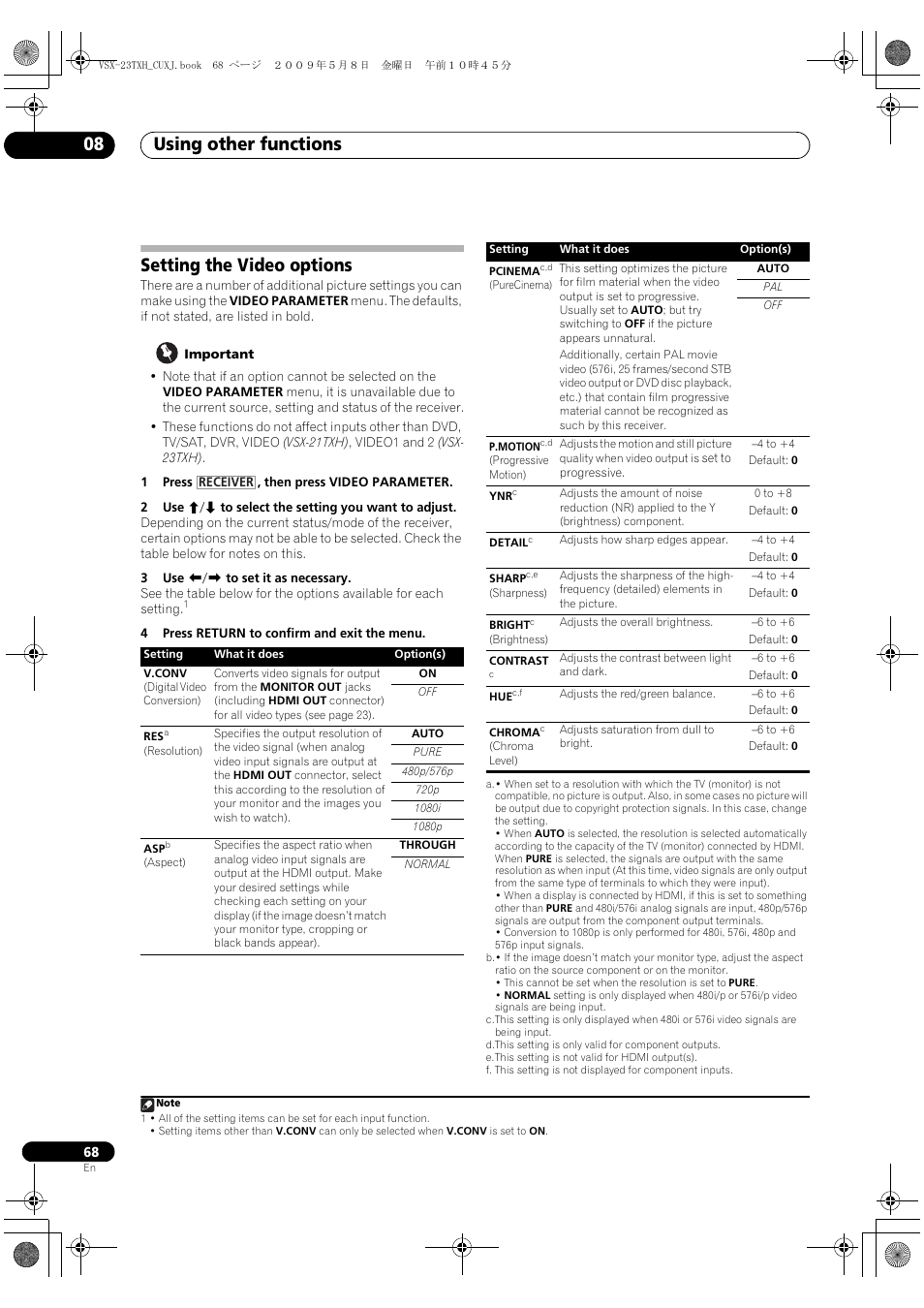 Setting the video options, Using other functions 08 | Pioneer Elite VSX-23TXH User Manual | Page 68 / 123