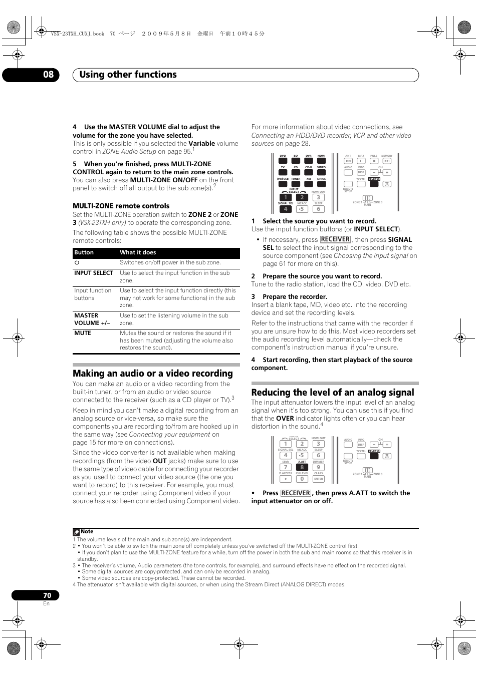 Making an audio or a video recording, Reducing the level of an analog signal, Using other functions 08 | Multi-zone remote controls | Pioneer Elite VSX-23TXH User Manual | Page 70 / 123