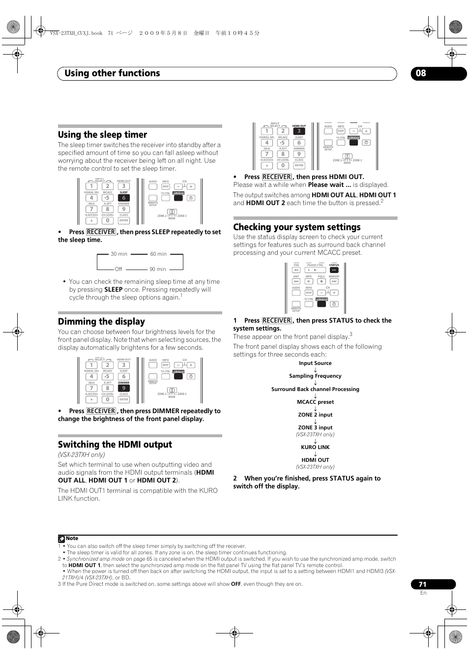 Using the sleep timer, Dimming the display, Switching the hdmi output | Checking your system settings, Using other functions 08, Receiver | Pioneer Elite VSX-23TXH User Manual | Page 71 / 123