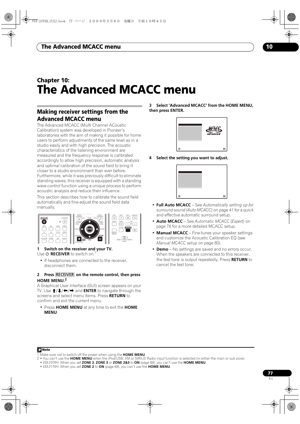 The advanced mcacc menu, The advanced mcacc menu 10, Chapter 10 | Receiver | Pioneer Elite VSX-23TXH User Manual | Page 77 / 123
