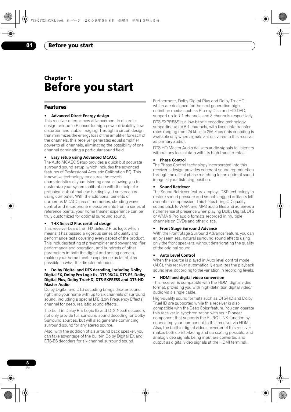 Before you start, Features, Before you start 01 | Chapter 1 | Pioneer Elite VSX-23TXH User Manual | Page 8 / 123