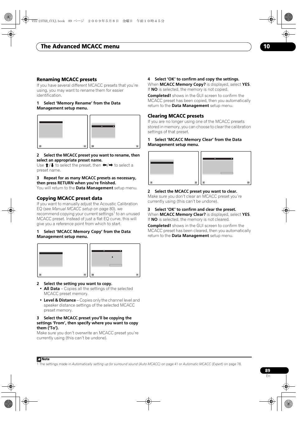 Renaming mcacc presets, Copying mcacc preset data, Clearing mcacc presets | The advanced mcacc menu 10 | Pioneer Elite VSX-23TXH User Manual | Page 89 / 123