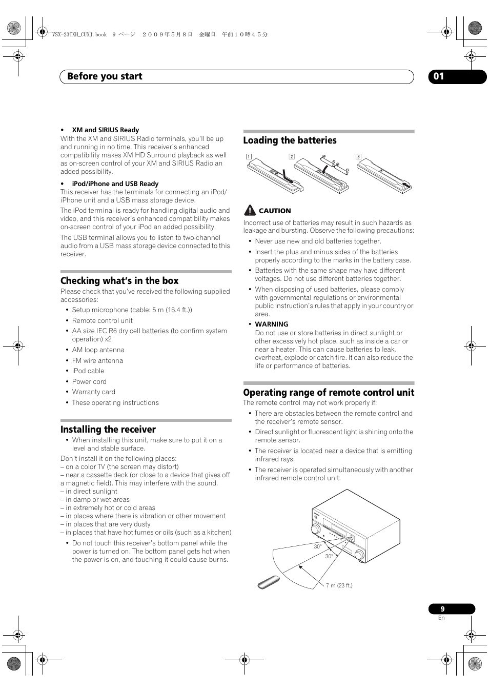 Checking what’s in the box, Installing the receiver, Loading the batteries | Operating range of remote control unit, Before you start 01 | Pioneer Elite VSX-23TXH User Manual | Page 9 / 123