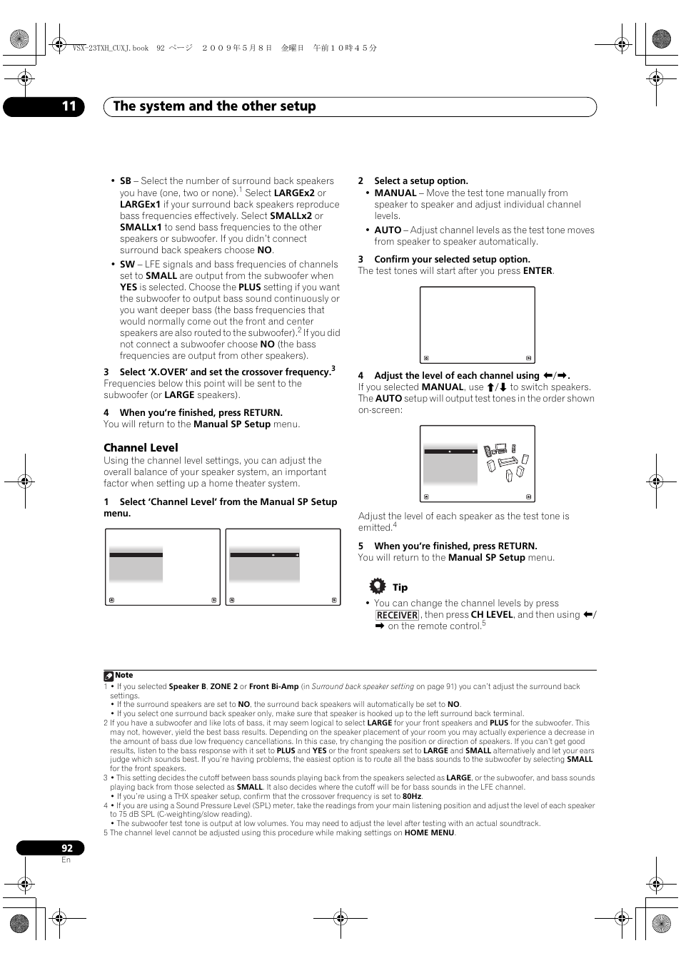 Channel level, The system and the other setup 11, Receiver | Pioneer Elite VSX-23TXH User Manual | Page 92 / 123