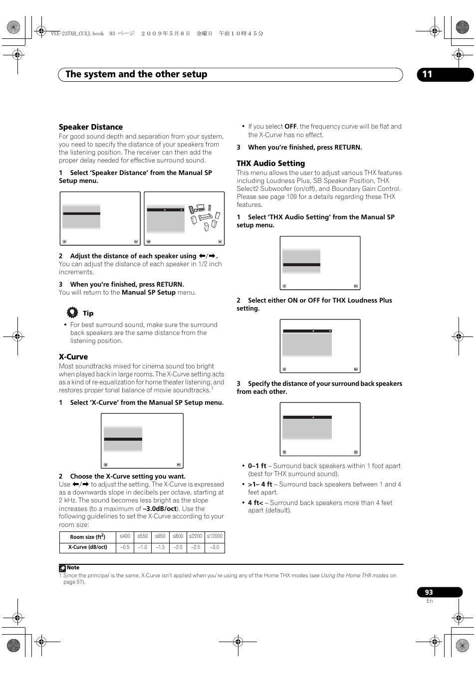 Speaker distance, X-curve, Thx audio setting | Speaker distance x-curve thx audio setting, The system and the other setup 11 | Pioneer Elite VSX-23TXH User Manual | Page 93 / 123