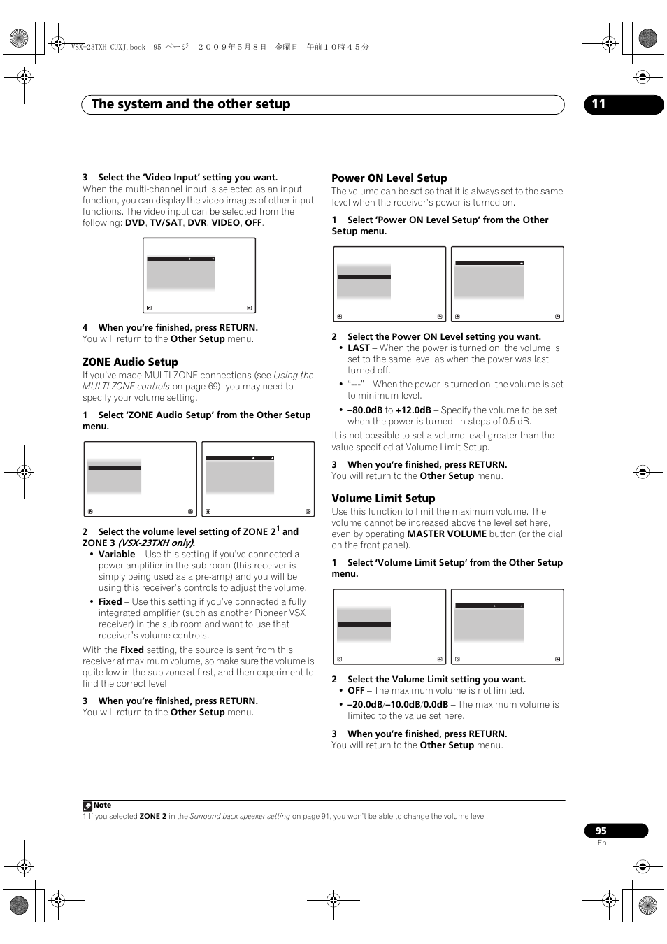 Zone audio setup, Power on level setup, Volume limit setup | The system and the other setup 11, Vsx-23txh only) | Pioneer Elite VSX-23TXH User Manual | Page 95 / 123