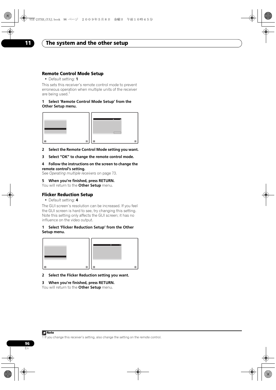 Remote control mode setup, Flicker reduction setup, Remote control mode setup flicker reduction setup | The system and the other setup 11 | Pioneer Elite VSX-23TXH User Manual | Page 96 / 123