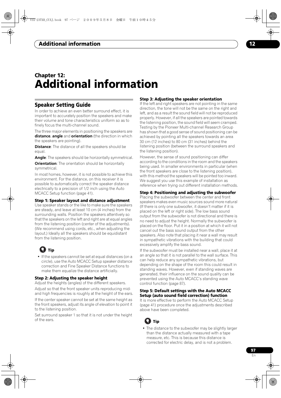 Additional information, Speaker setting guide, Additional information 12 | Chapter 12 | Pioneer Elite VSX-23TXH User Manual | Page 97 / 123