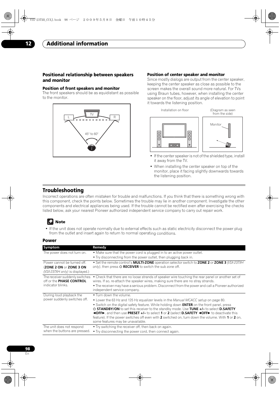 Troubleshooting, Power, Additional information 12 | Pioneer Elite VSX-23TXH User Manual | Page 98 / 123