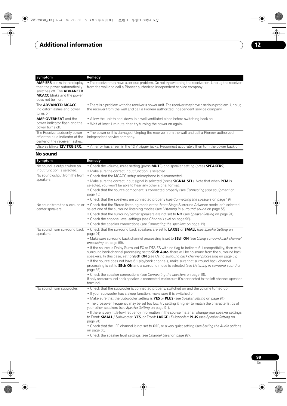 No sound, Additional information 12 | Pioneer Elite VSX-23TXH User Manual | Page 99 / 123