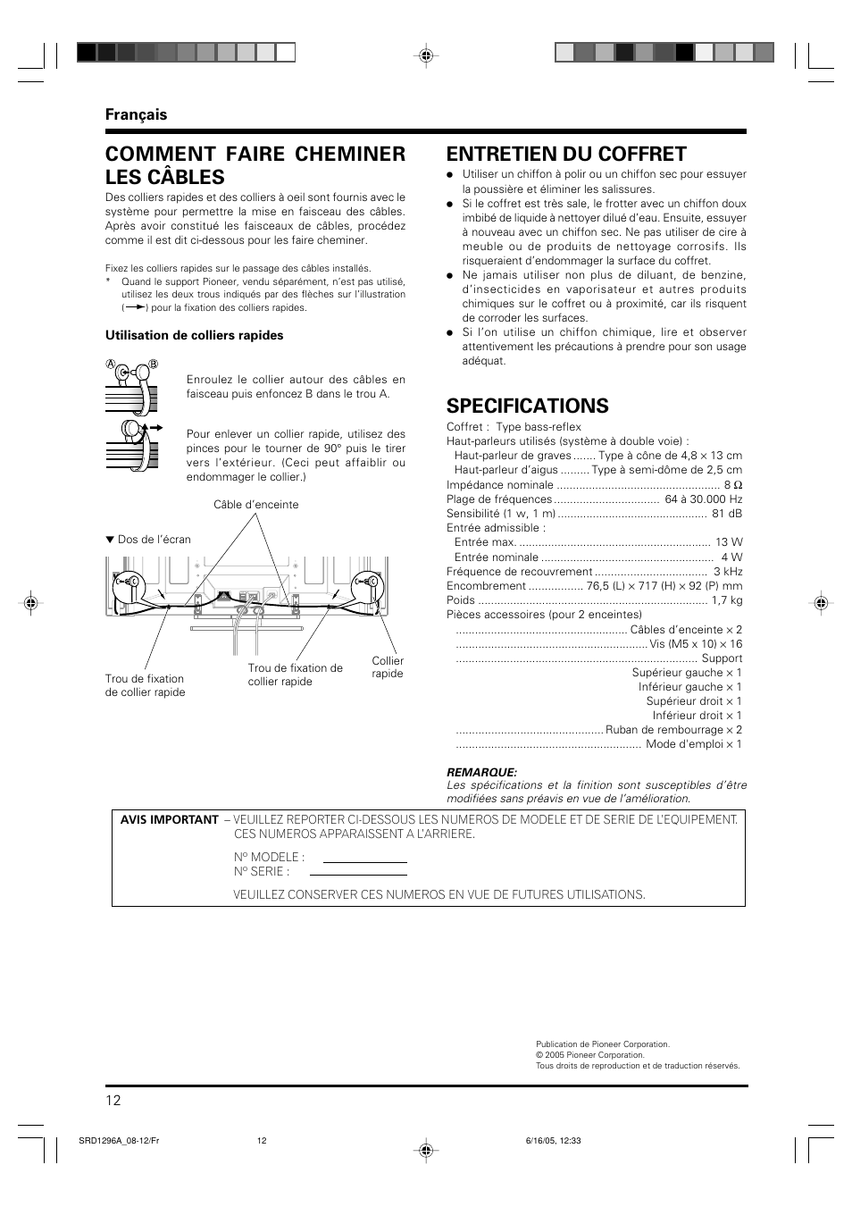 Entretien du coffret, Specifications, Comment faire cheminer les câbles | Français | Pioneer PDP-S36 User Manual | Page 12 / 18