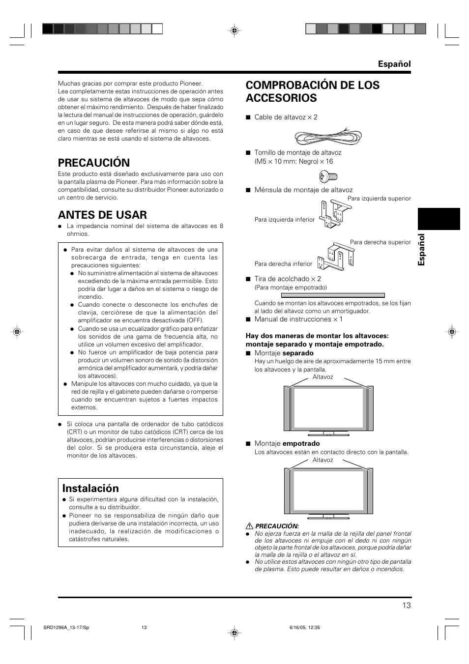 Manual de instrucciones, Precaución, Antes de usar | Instalación, Comprobación de los accesorios, Español | Pioneer PDP-S36 User Manual | Page 13 / 18