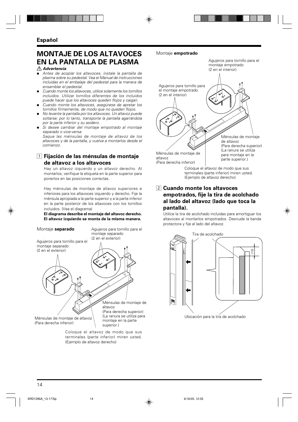 Montaje de los altavoces en la pantalla de plasma, Español | Pioneer PDP-S36 User Manual | Page 14 / 18