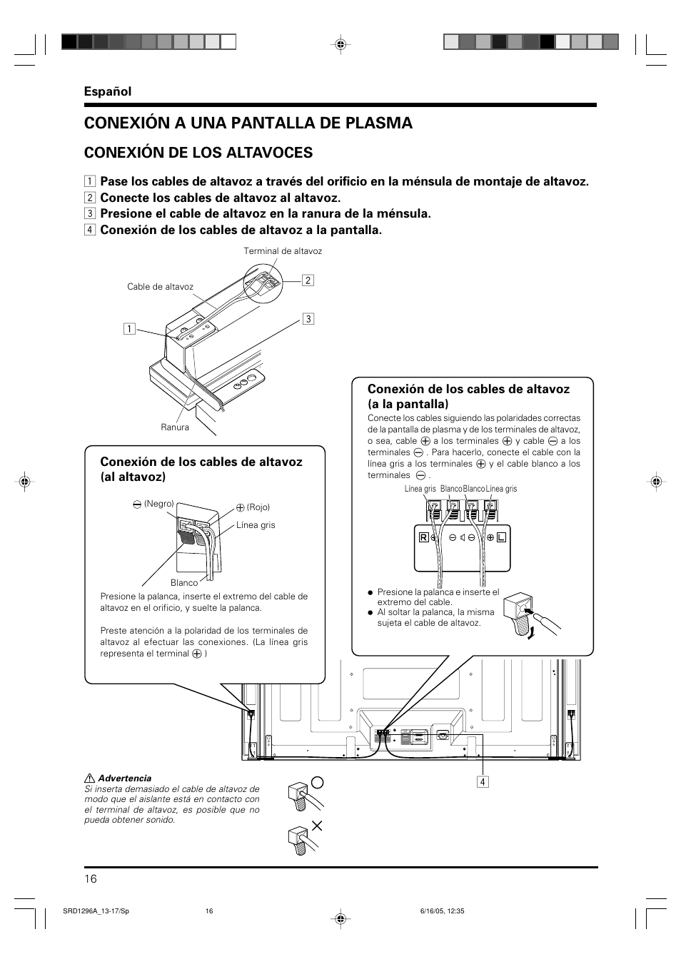 Conexión a una pantalla de plasma, Conexión de los altavoces, Español | Conexión de los cables de altavoz (a la pantalla) | Pioneer PDP-S36 User Manual | Page 16 / 18