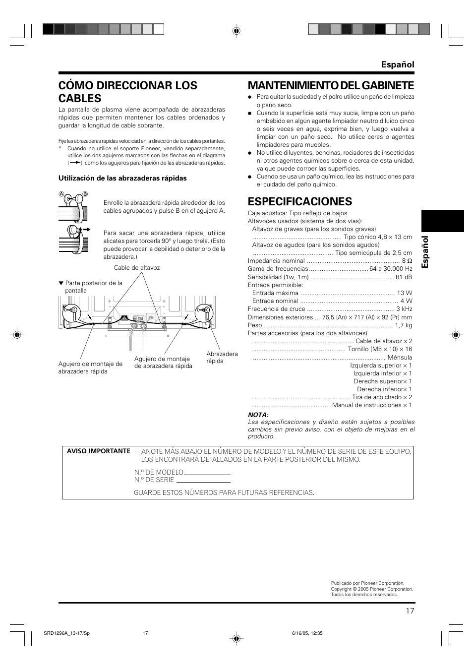 Cómo direccionar los cables, Mantenimiento del gabinete, Especificaciones | Español espa ñ ol | Pioneer PDP-S36 User Manual | Page 17 / 18