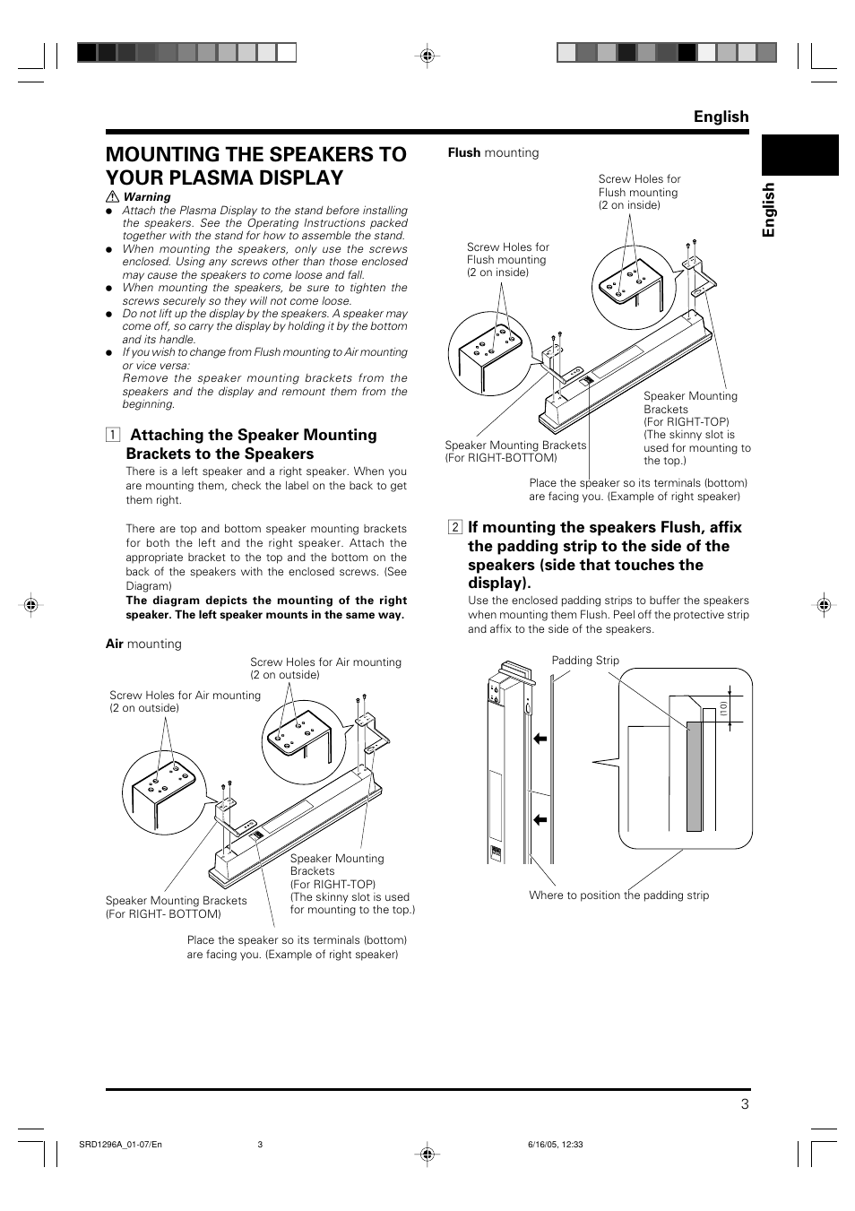 Mounting the speakers to your plasma display, English | Pioneer PDP-S36 User Manual | Page 3 / 18