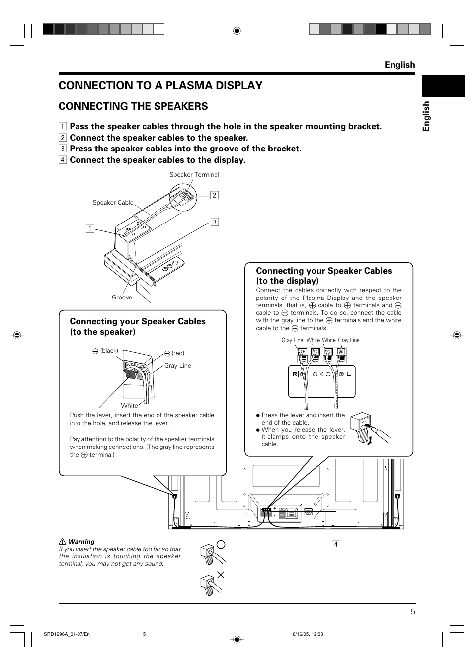 Connection to a plasma display, Connecting the speakers, English | Connecting your speaker cables (to the display) | Pioneer PDP-S36 User Manual | Page 5 / 18