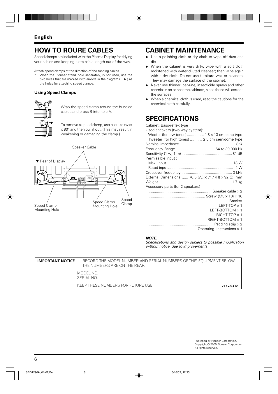 Cabinet maintenance, Specifications, How to roure cables | English | Pioneer PDP-S36 User Manual | Page 6 / 18