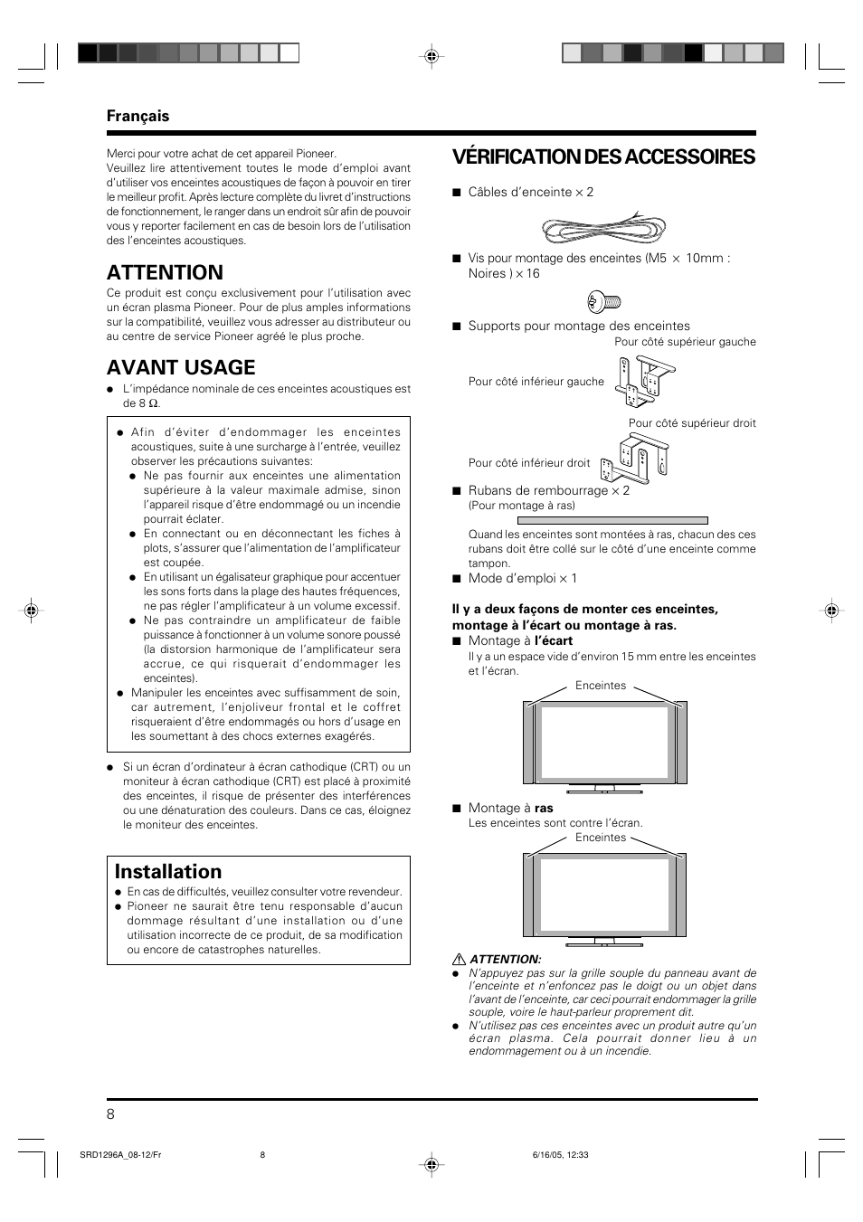 Mode d’emploi, Attention, Avant usage | Installation, Vérification des accessoires, Français | Pioneer PDP-S36 User Manual | Page 8 / 18