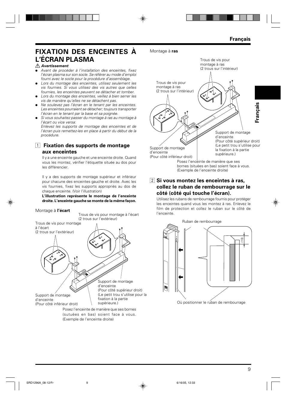 Fixation des enceintes à l’écran plasma, Français fran ç ais, 1 fixation des supports de montage aux enceintes | Pioneer PDP-S36 User Manual | Page 9 / 18