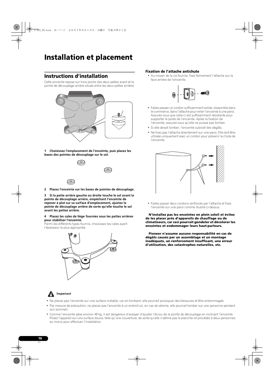 Installation et placement, Instructions d’installation, Fixation de l’attache antichute | Pioneer S-3EX User Manual | Page 16 / 52
