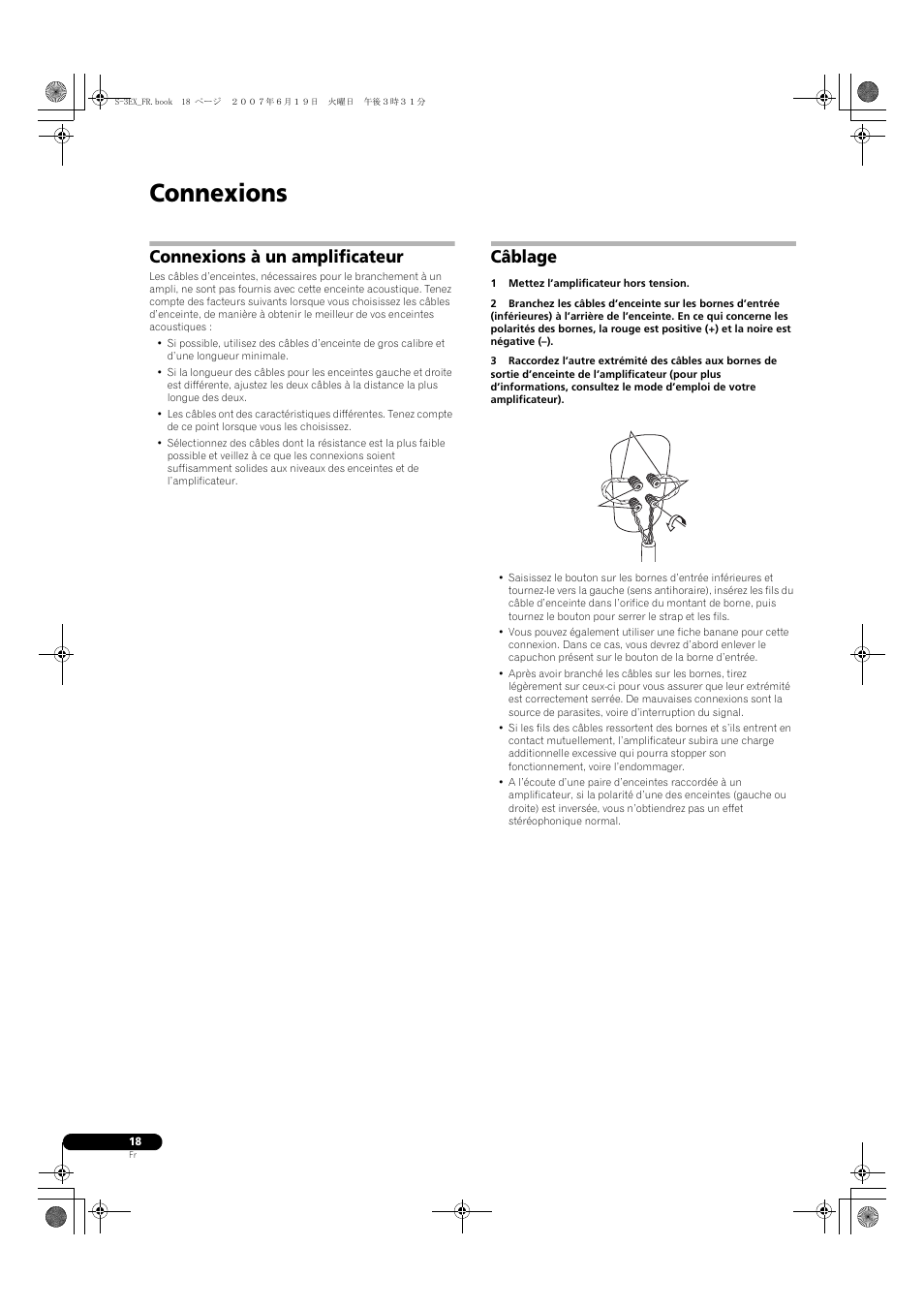Connexions, Connexions à un amplificateur, Câblage | Pioneer S-3EX User Manual | Page 18 / 52