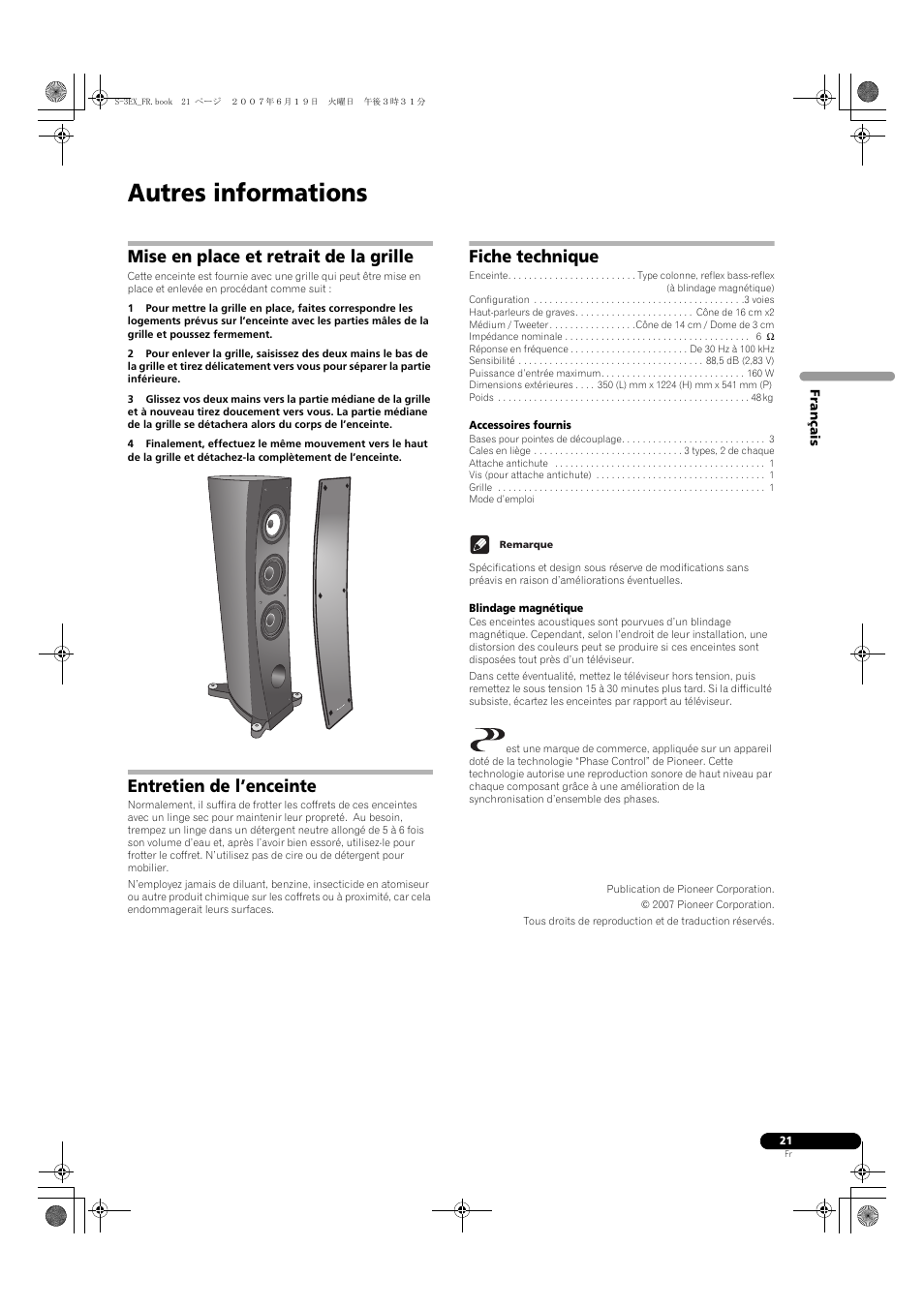 Autres informations, Mise en place et retrait de la grille, Entretien de l’enceinte | Fiche technique | Pioneer S-3EX User Manual | Page 21 / 52