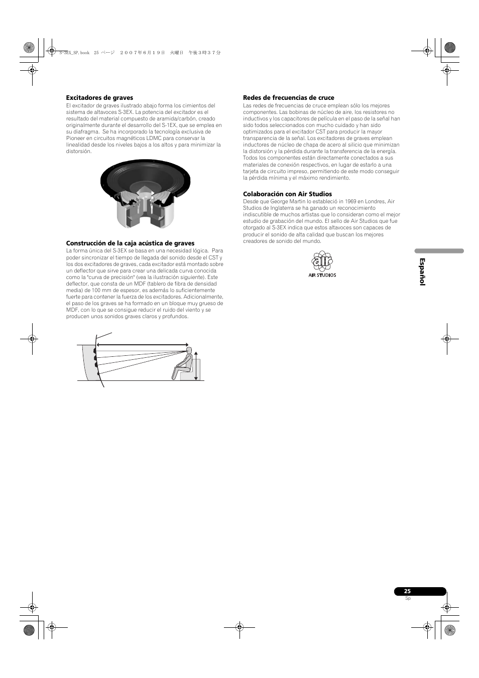 Excitadores de graves, Construcción de la caja acústica de graves, Redes de frecuencias de cruce | Colaboración con air studios | Pioneer S-3EX User Manual | Page 25 / 52