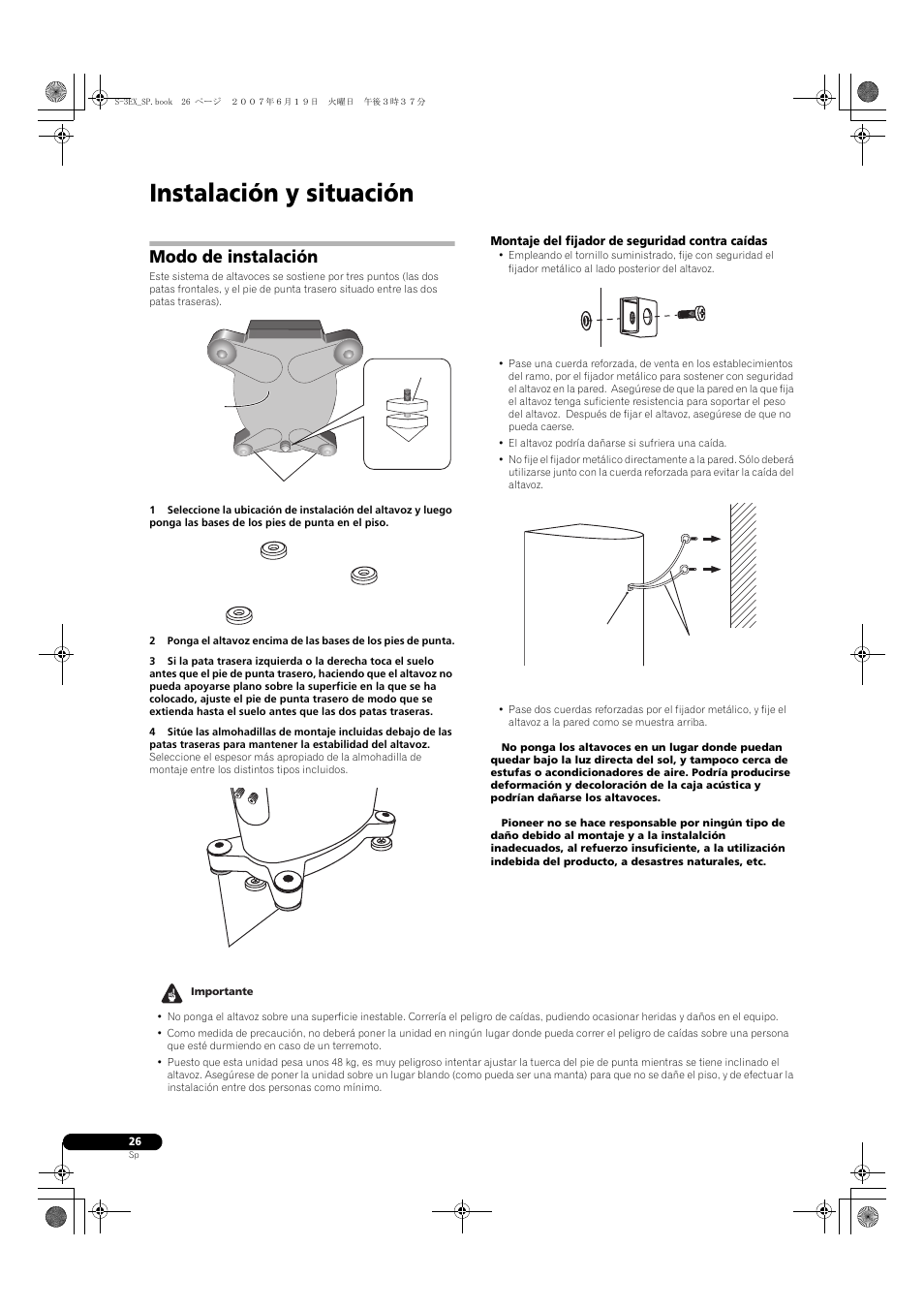 Instalación y situación, Modo de instalación, Montaje del fijador de seguridad contra caídas | Pioneer S-3EX User Manual | Page 26 / 52