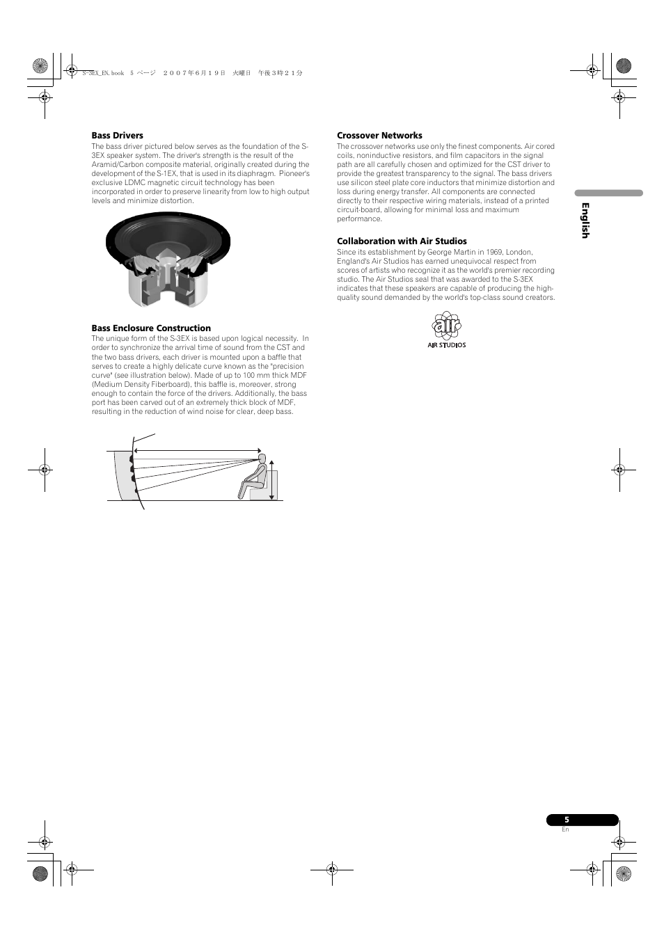 Bass drivers, Bass enclosure construction, Crossover networks | Collaboration with air studios | Pioneer S-3EX User Manual | Page 5 / 52