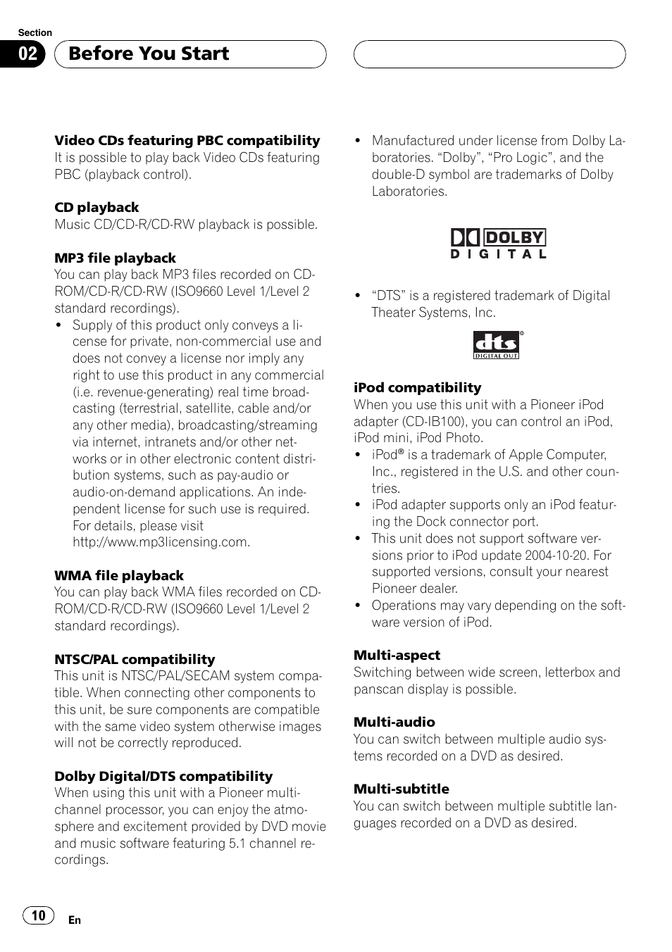 Before you start | Pioneer AVH-P5700DVD User Manual | Page 10 / 116