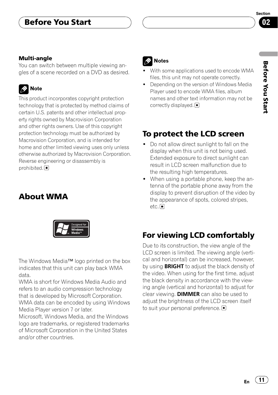 About wma, For viewing lcd comfortably, Before you start | Pioneer AVH-P5700DVD User Manual | Page 11 / 116
