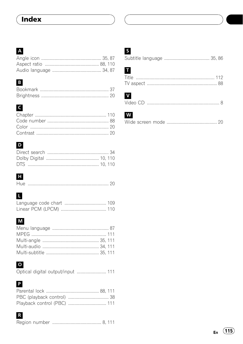 Index 115, Index | Pioneer AVH-P5700DVD User Manual | Page 115 / 116