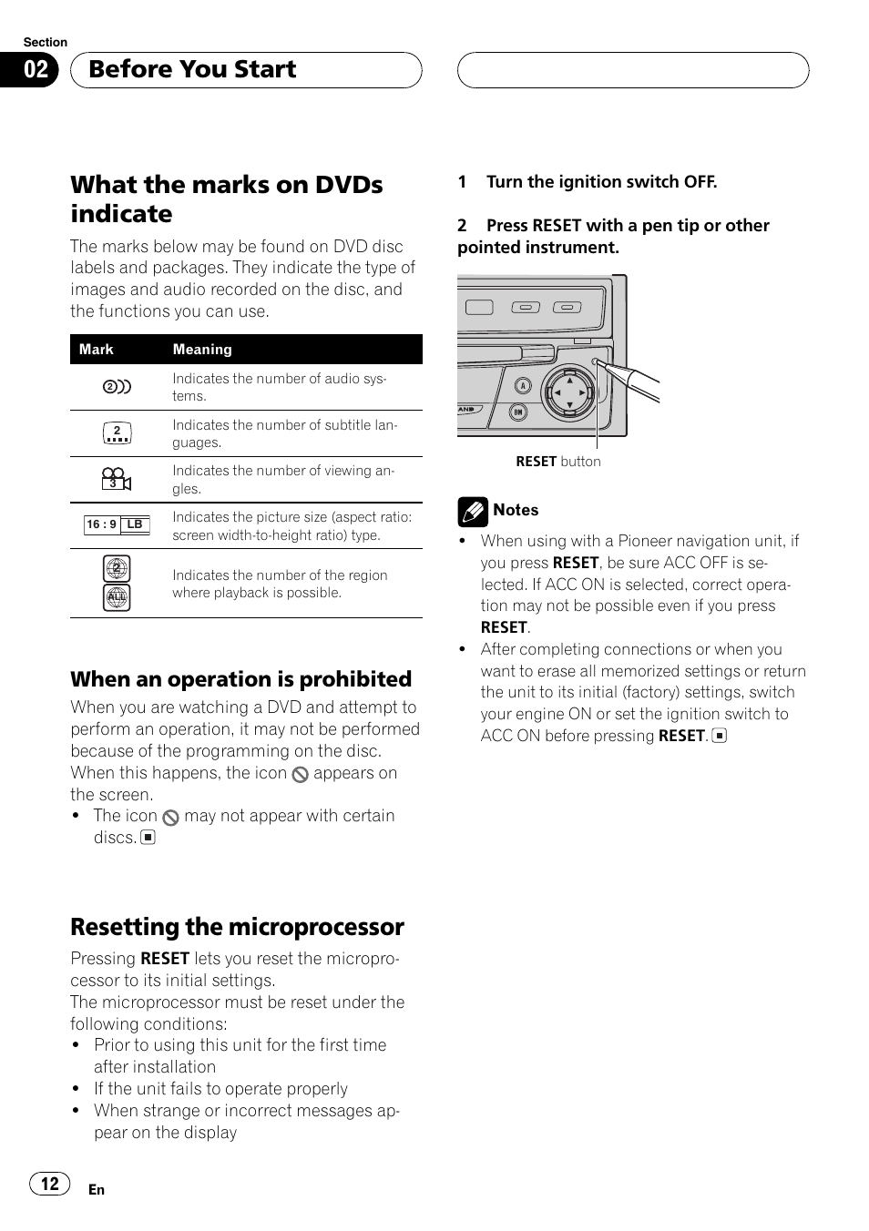 When an operation is prohibited 12, What the marks on dvds indicate, Resetting the microprocessor | Before you start, When an operation is prohibited | Pioneer AVH-P5700DVD User Manual | Page 12 / 116
