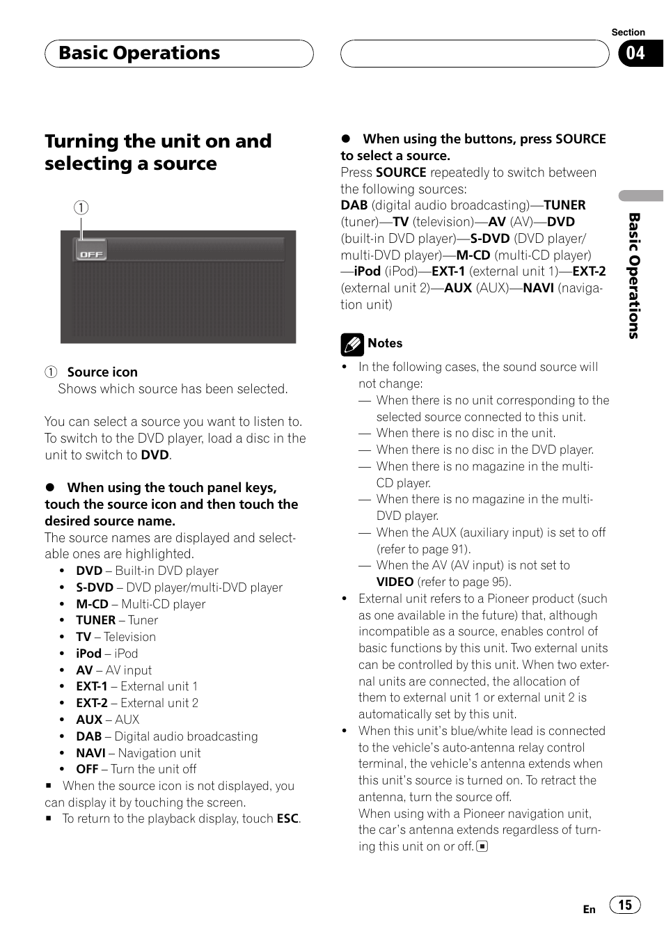 Source 15, Turning the unit on and selecting a source, Basic operations | Pioneer AVH-P5700DVD User Manual | Page 15 / 116