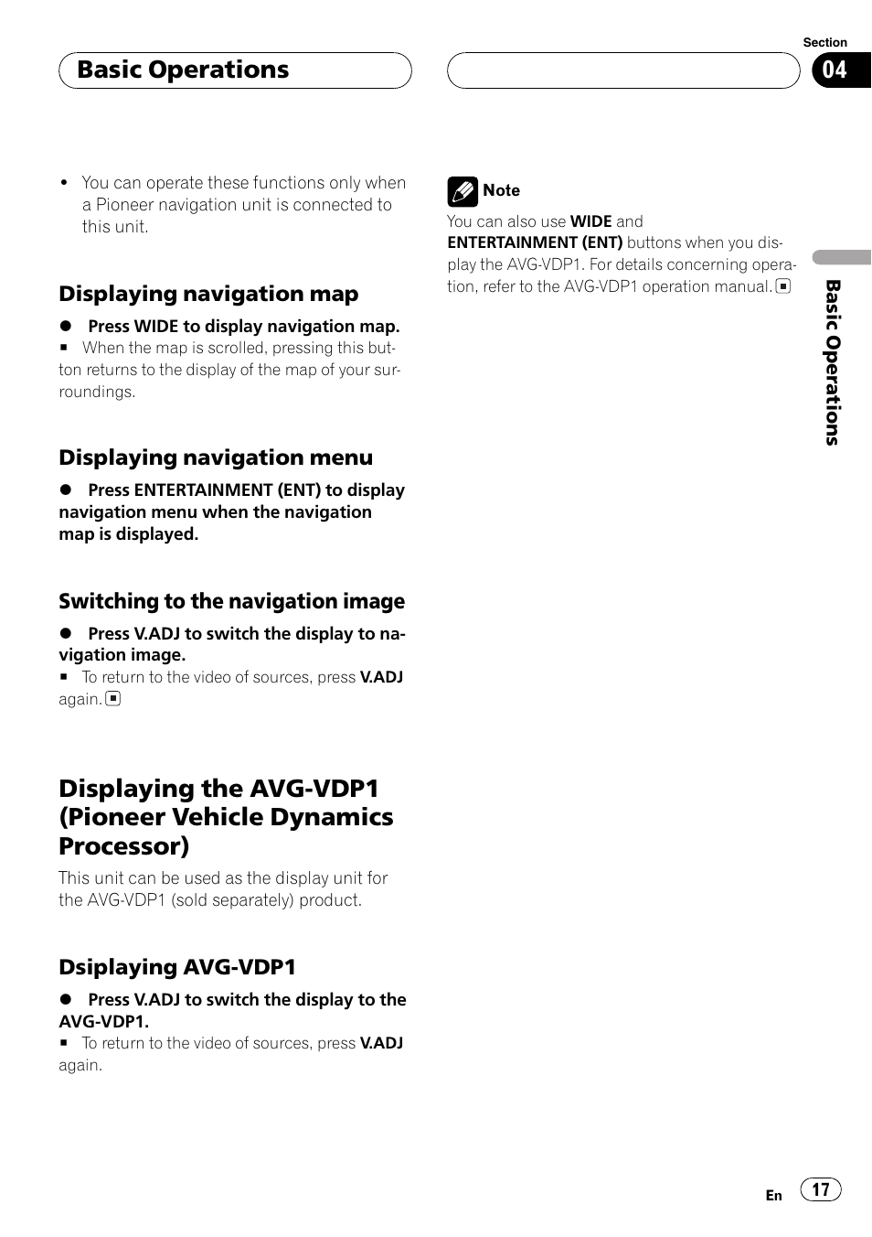 Displaying the avg-vdp1 (pioneer vehicle, Dynamics processor) 17, Basic operations | Pioneer AVH-P5700DVD User Manual | Page 17 / 116