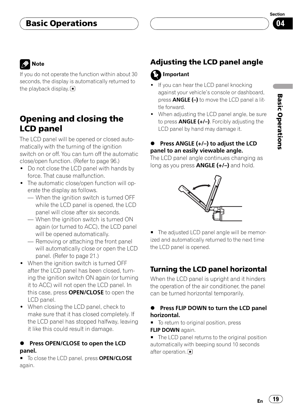 Opening and closing the lcd panel 19, Opening and closing the lcd panel, Basic operations | Adjusting the lcd panel angle, Turning the lcd panel horizontal | Pioneer AVH-P5700DVD User Manual | Page 19 / 116