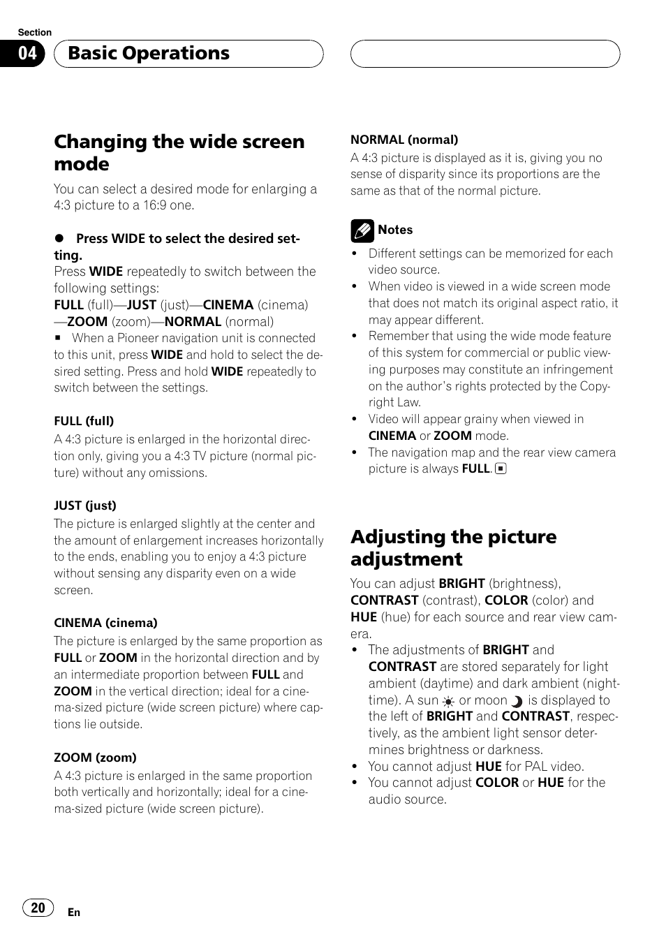 Changing the wide screen mode, Adjusting the picture adjustment, Basic operations | Pioneer AVH-P5700DVD User Manual | Page 20 / 116