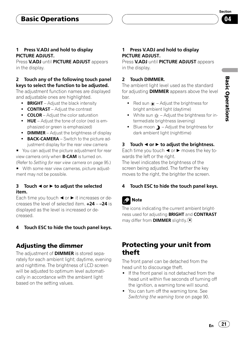 Protecting your unit from theft 21, Protecting your unit from theft, Basic operations | Adjusting the dimmer | Pioneer AVH-P5700DVD User Manual | Page 21 / 116