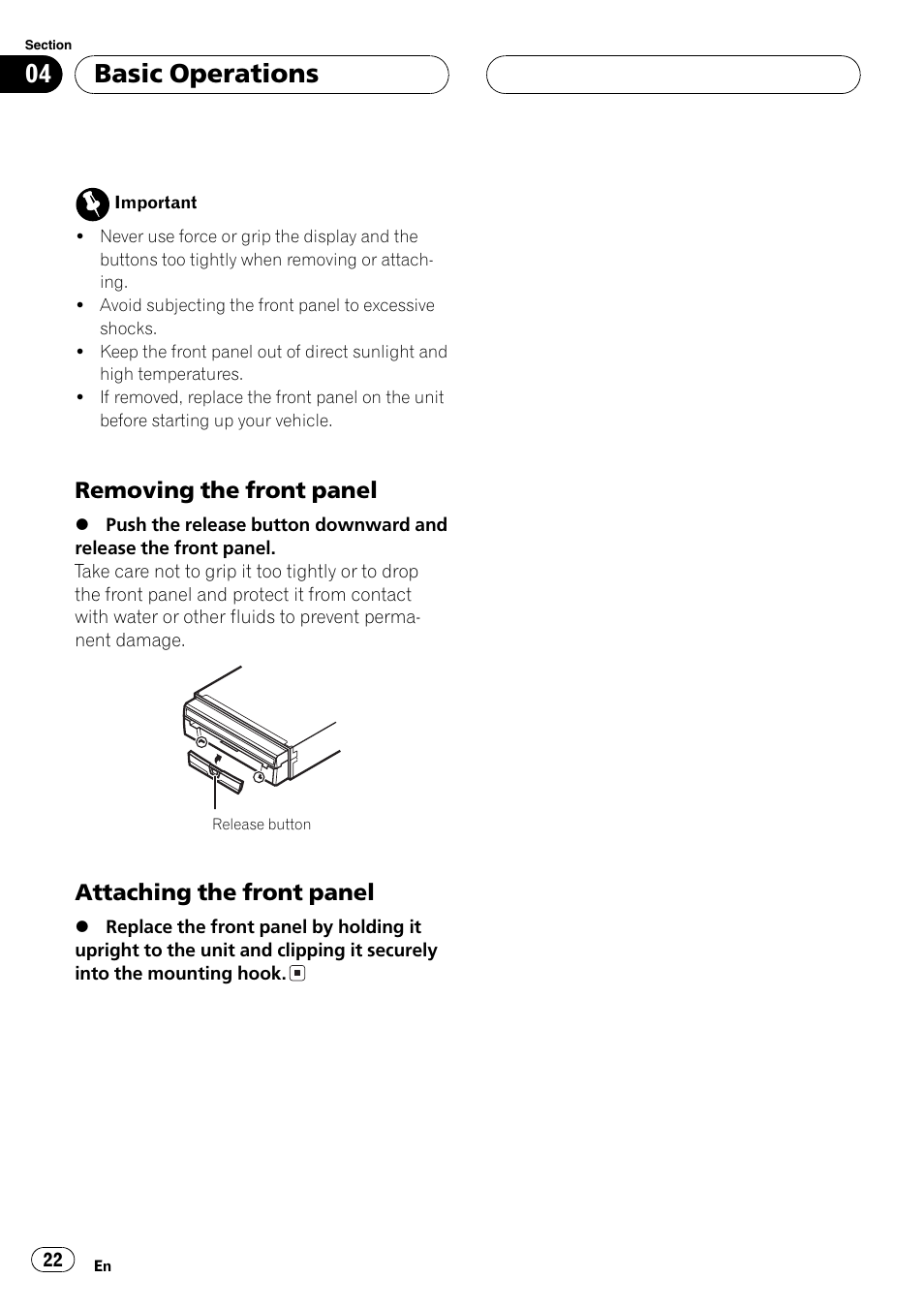 Basic operations, Removing the front panel, Attaching the front panel | Pioneer AVH-P5700DVD User Manual | Page 22 / 116