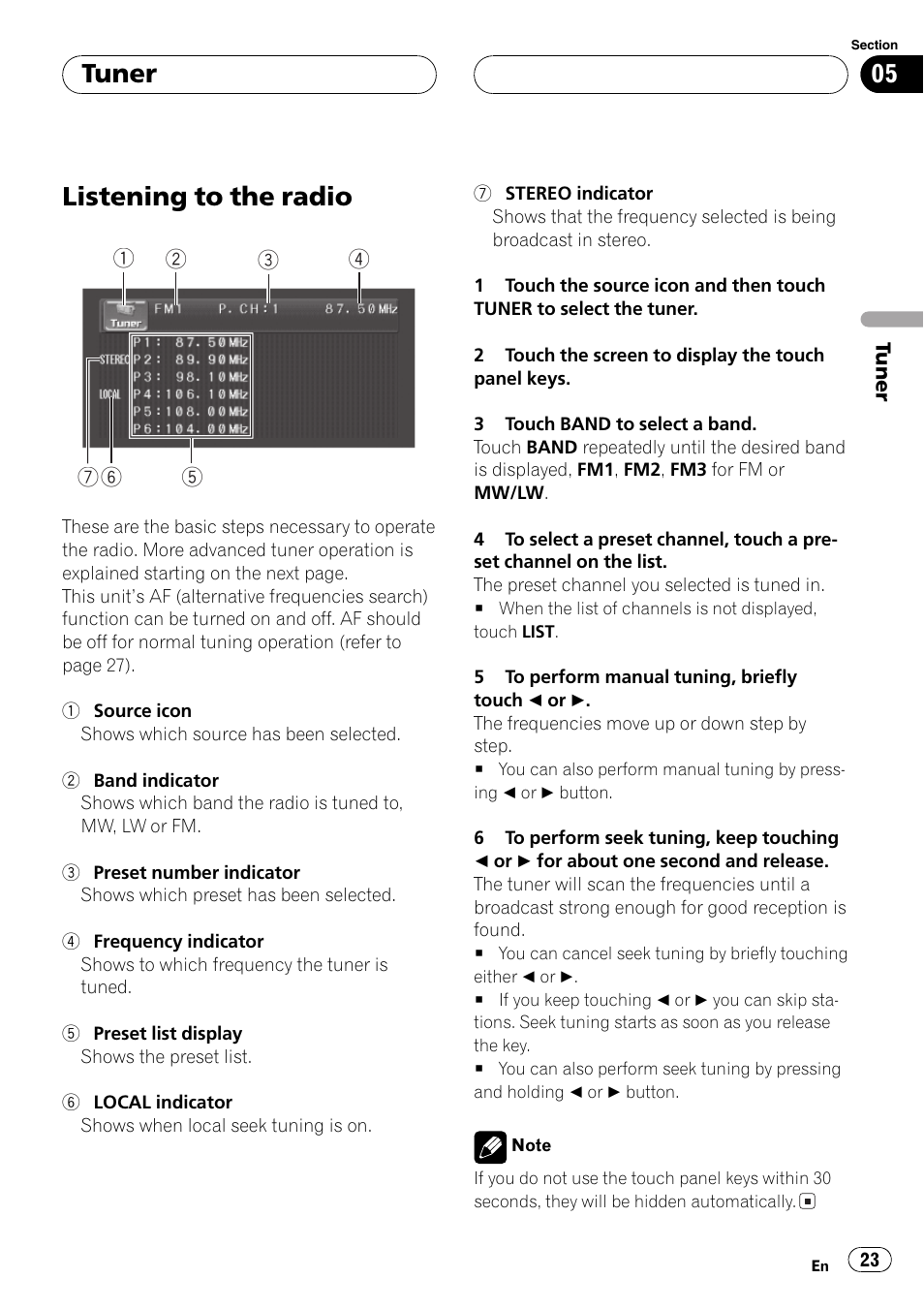 Tuner listening to the radio 23, Listening to the radio, Tuner | Pioneer AVH-P5700DVD User Manual | Page 23 / 116