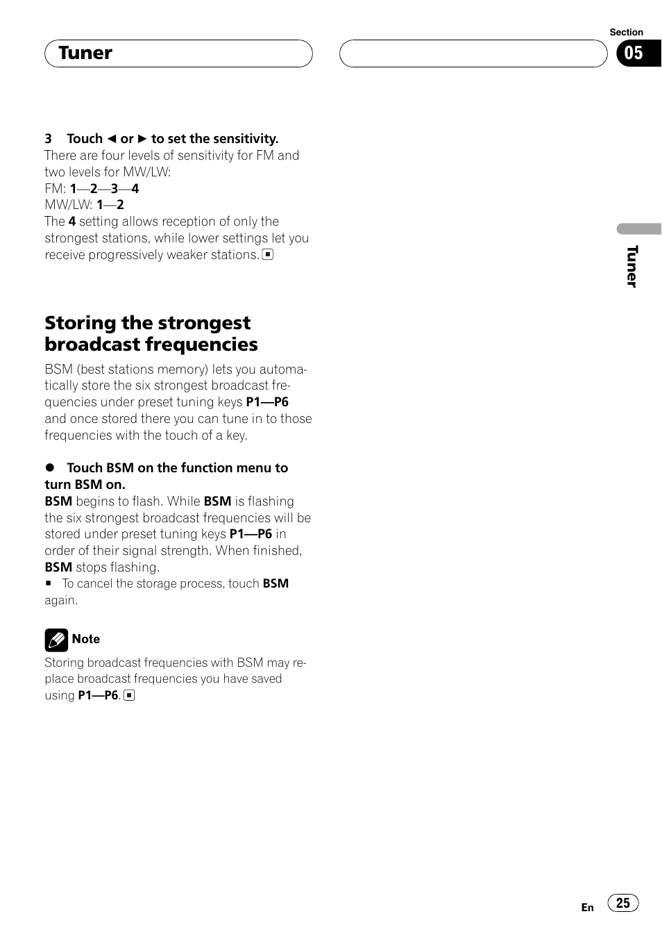 Storing the strongest broadcast, Frequencies 25, Storing the strongest broadcast frequencies | Tuner | Pioneer AVH-P5700DVD User Manual | Page 25 / 116