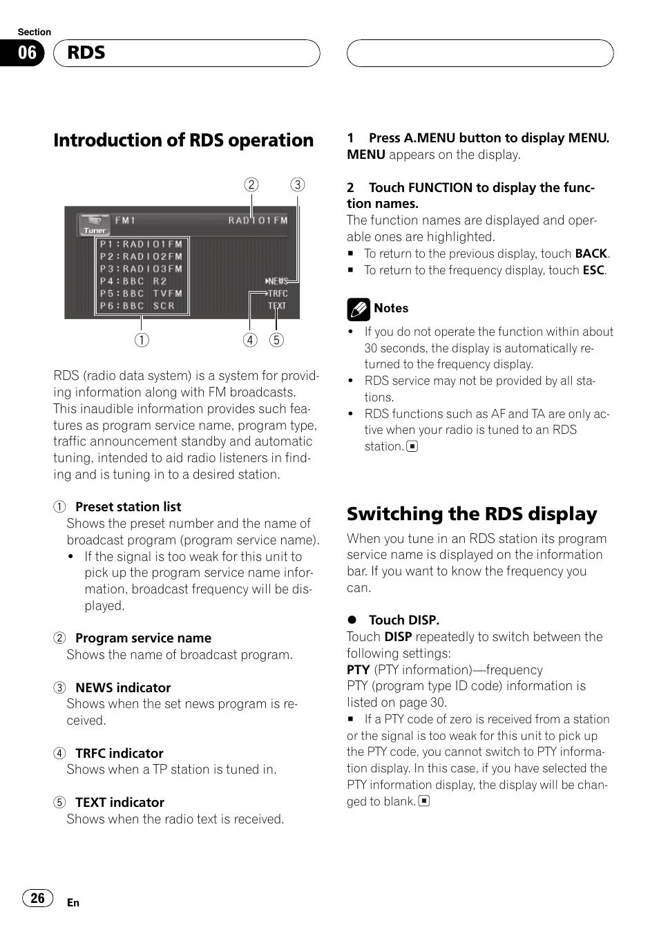 Introduction of rds operation, Switching the rds display | Pioneer AVH-P5700DVD User Manual | Page 26 / 116