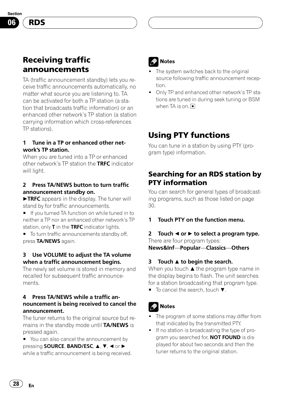 Receiving traffic announcements, Using pty functions, Searching for an rds station by pty information | Pioneer AVH-P5700DVD User Manual | Page 28 / 116