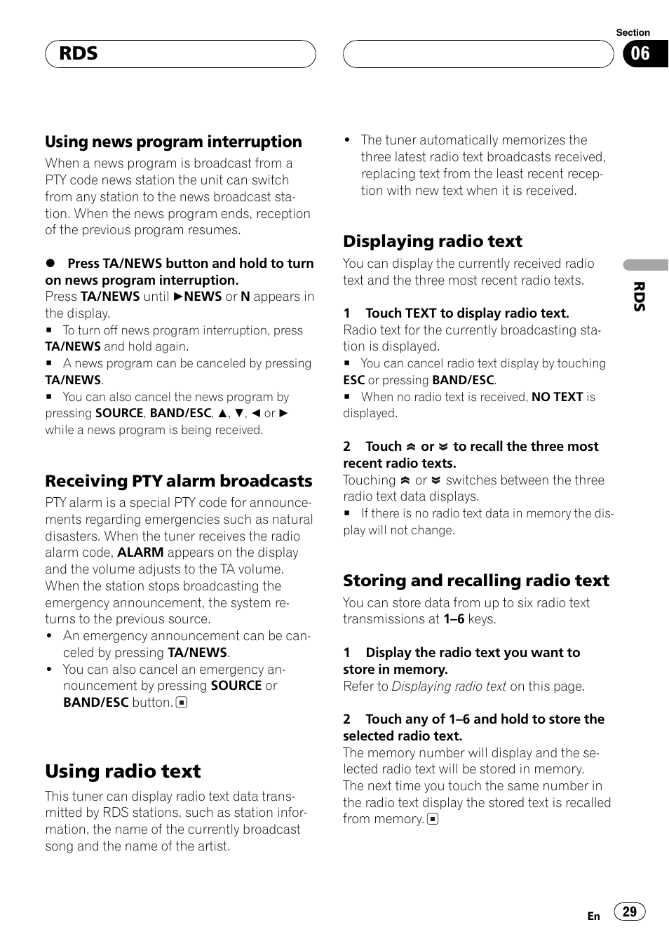 Using radio text 29, Using radio text, Using news program interruption | Receiving pty alarm broadcasts, Displaying radio text, Storing and recalling radio text | Pioneer AVH-P5700DVD User Manual | Page 29 / 116