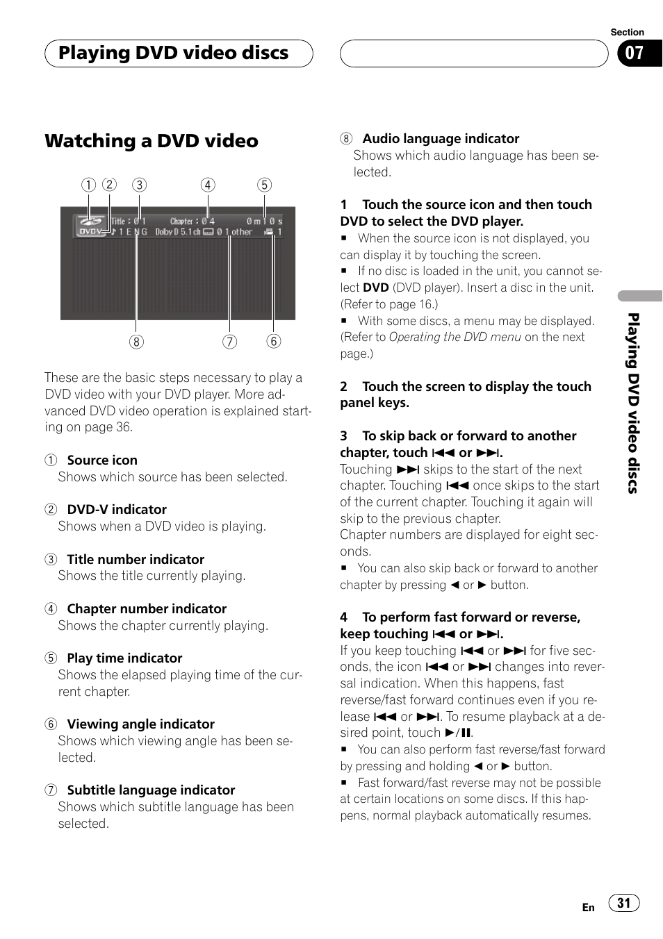 Playing dvd video discs watching a dvd video 31, Watching a dvd video, Playing dvd video discs | Pioneer AVH-P5700DVD User Manual | Page 31 / 116